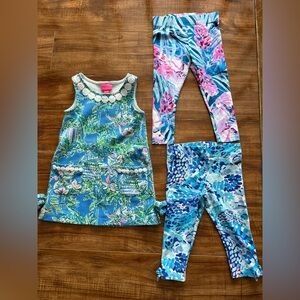 Lilly Pulitzer Blue Floral shift Dress & 2 leggings bundle